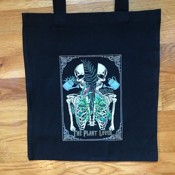 Garden Goth Punk The Plant Lover Skeleton Watering Can Black Canvas Tote Back - Picture 1 of 6